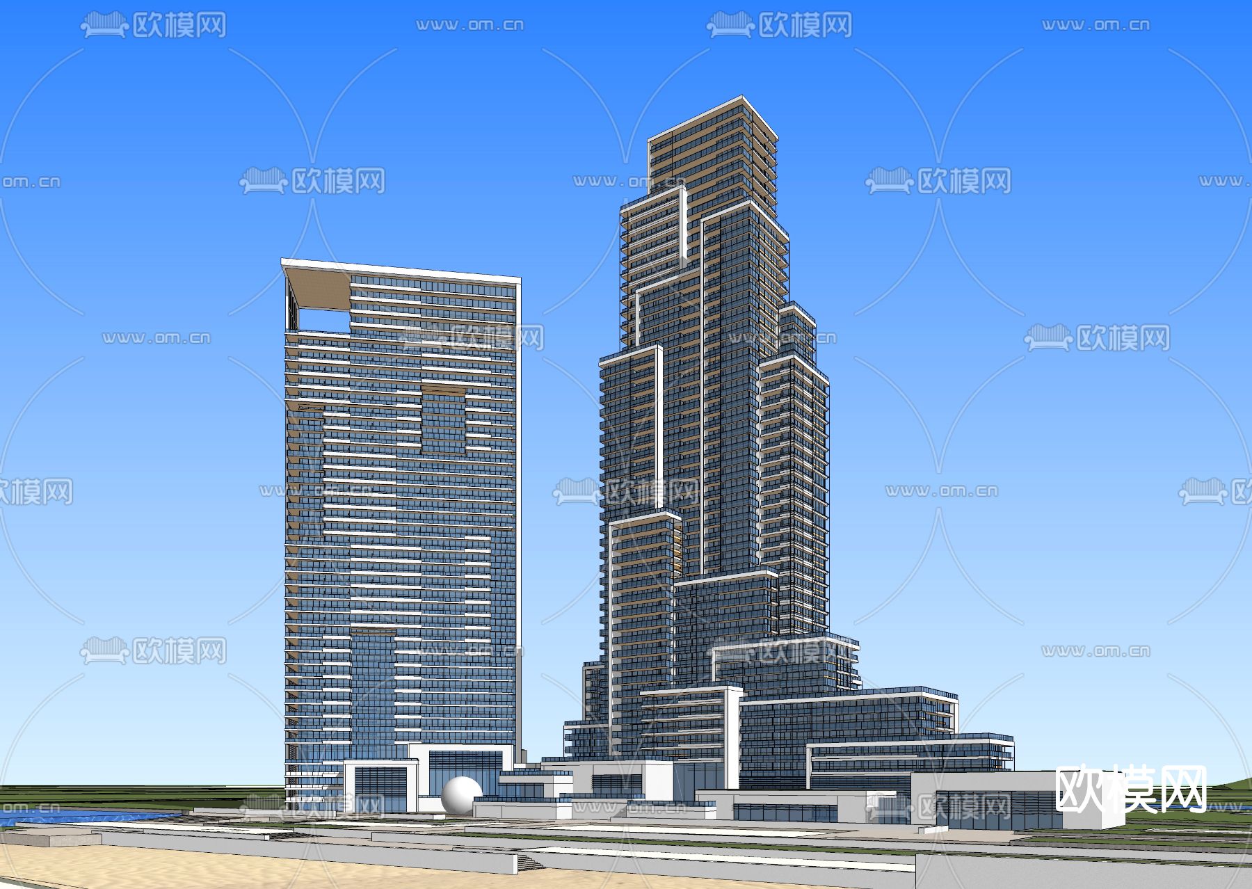 现代酒店外观鸟瞰su模型