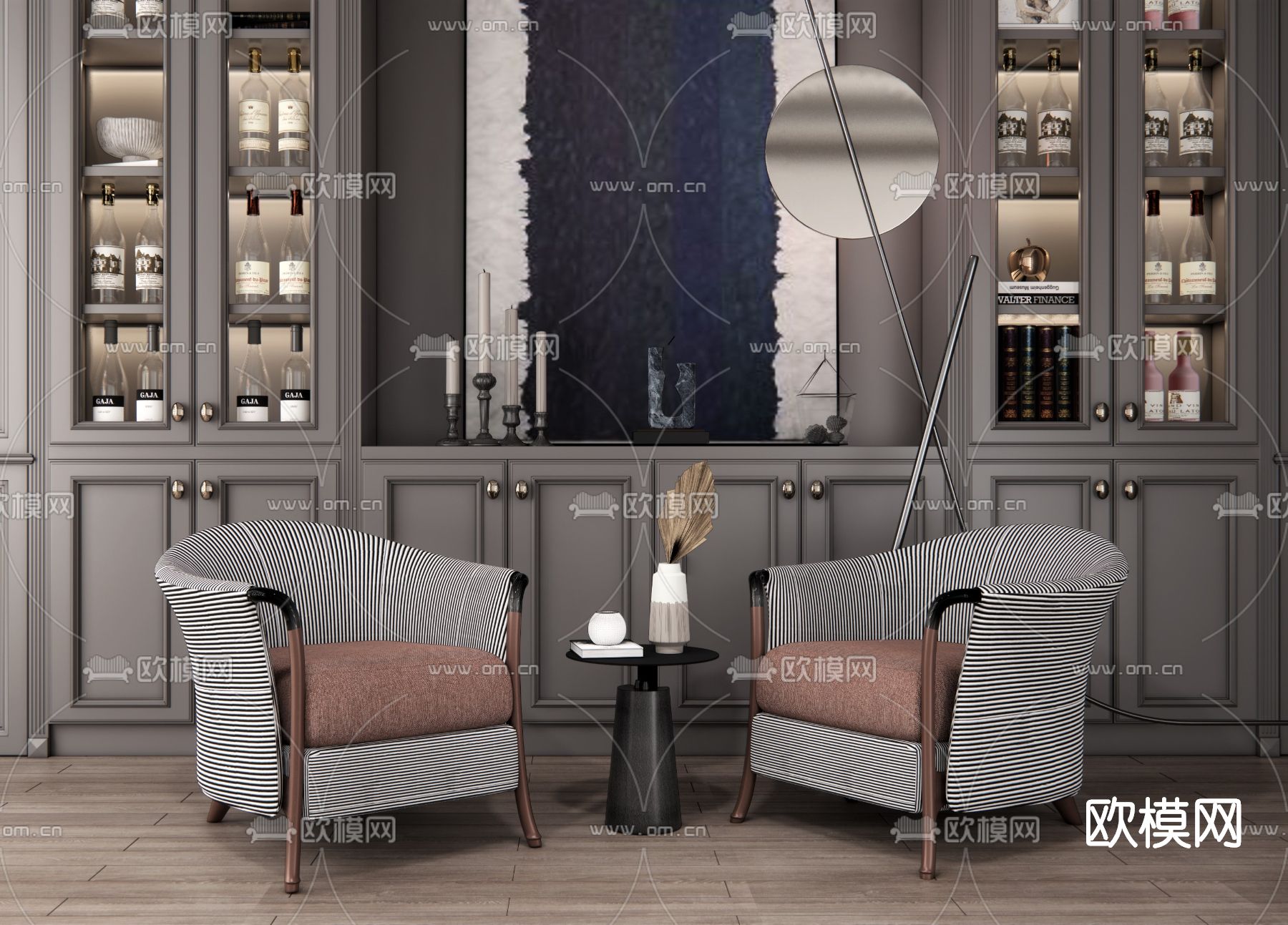 简欧布艺休闲沙发su模型下载（渲染图1）