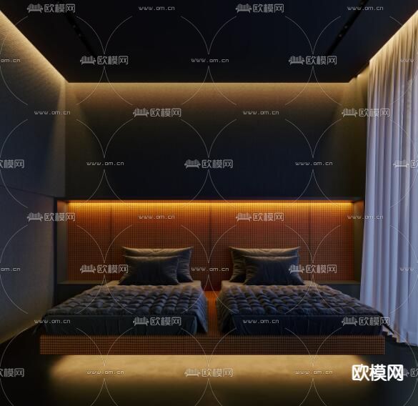 现代酒店双床客房3d模型下载（渲染图2）