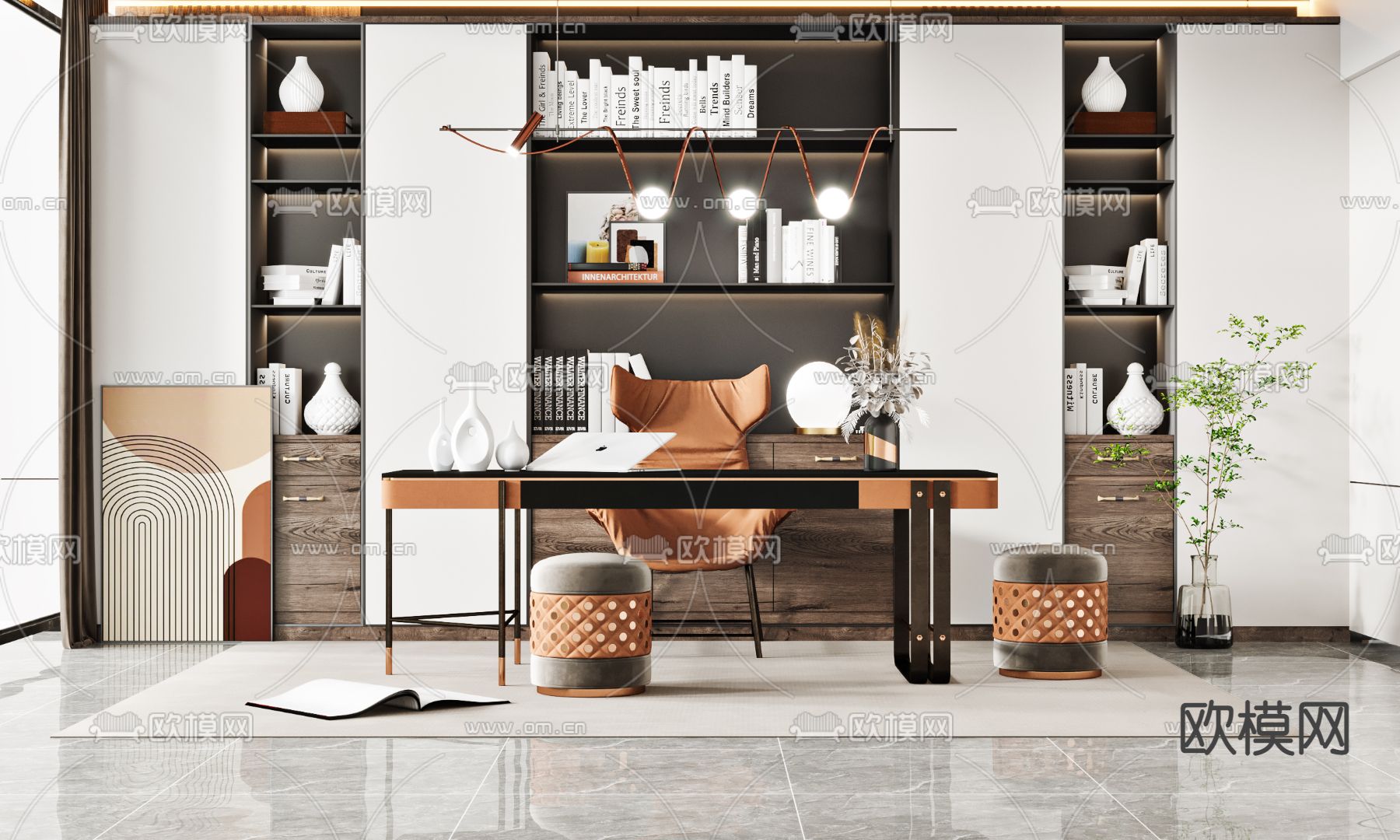 现代轻奢书桌椅3d模型下载