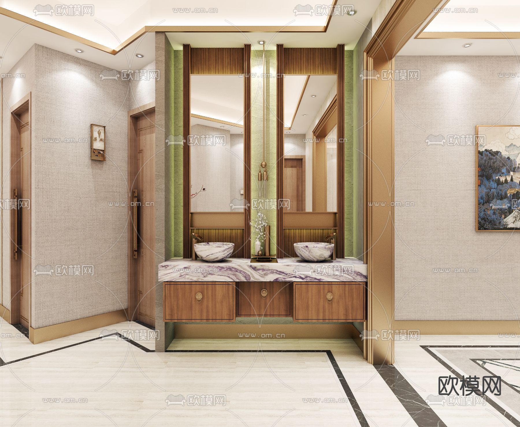 新中式海鲜酒楼大堂3d模型下载（渲染图3）