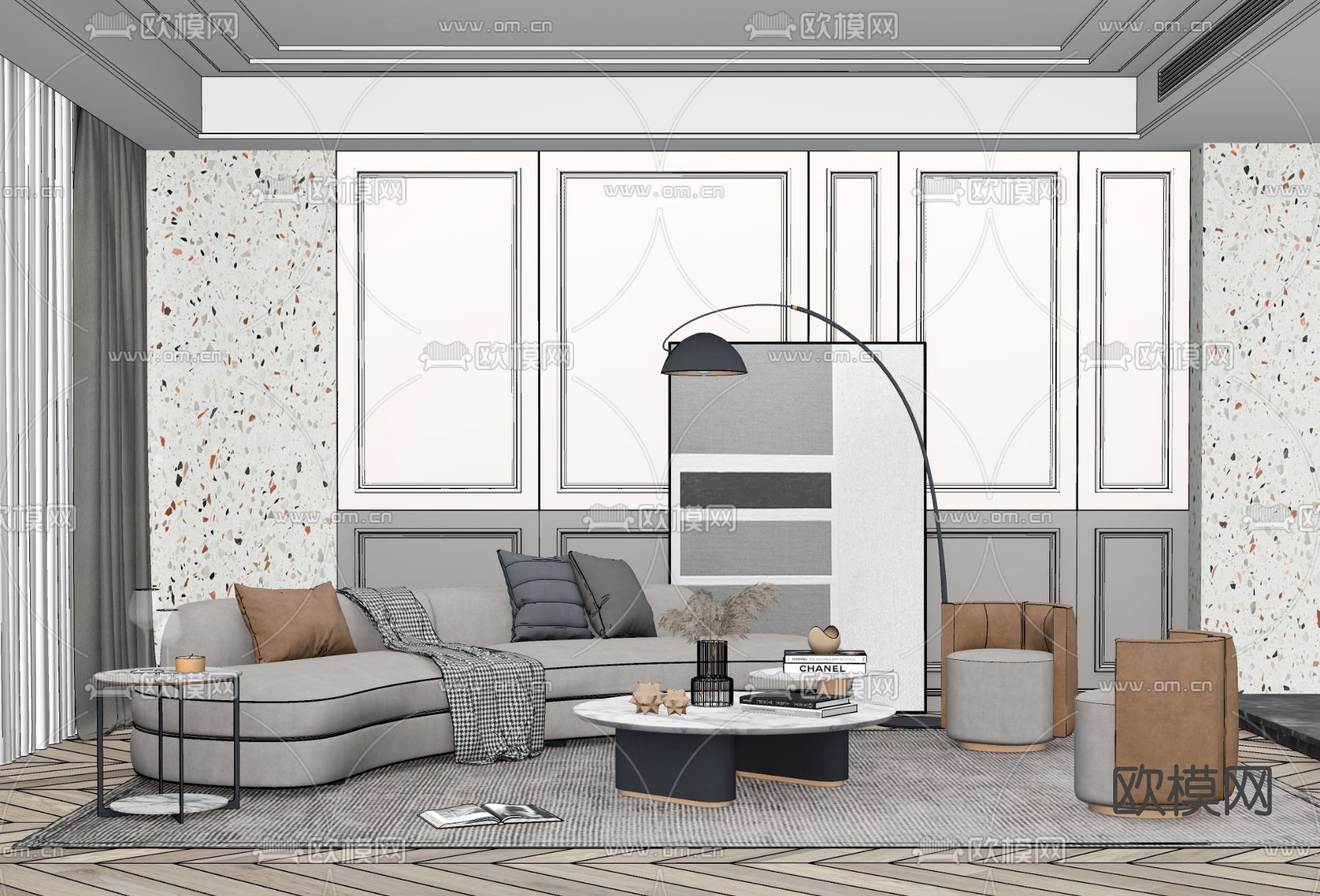 现代布艺沙发组合su模型下载（渲染图2）