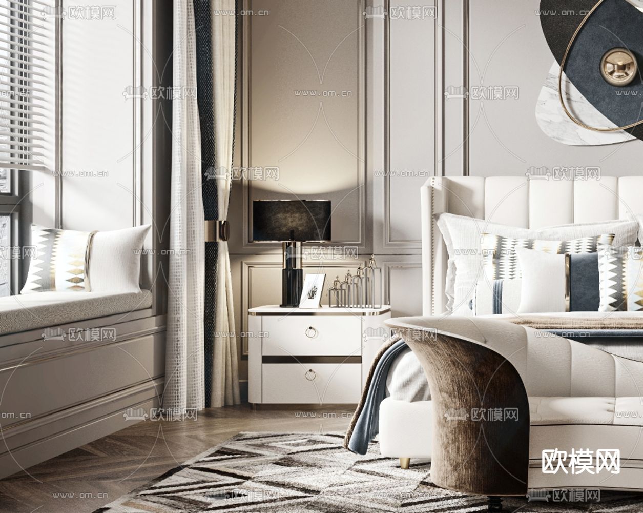 美式卧室主人房3d模型下载（渲染图2）
