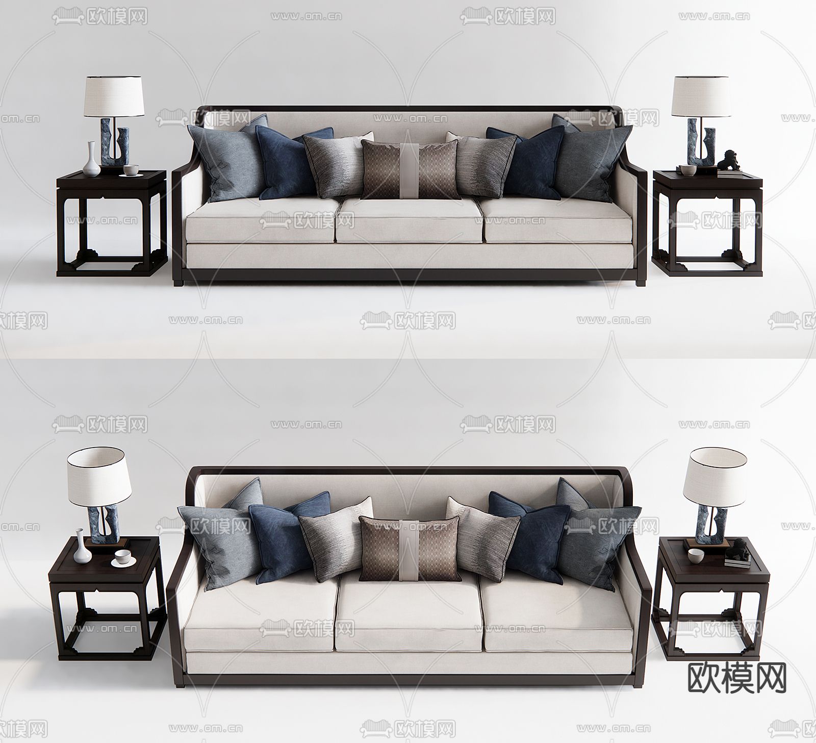 新中式布艺多人沙发su模型下载（渲染图1）