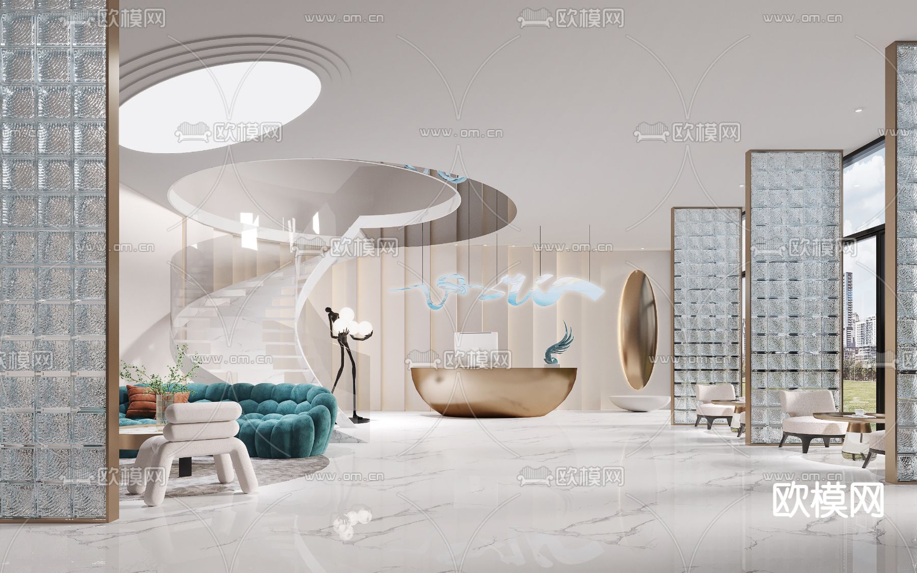 现代轻奢美容院前台大厅3d模型下载（渲染图1）