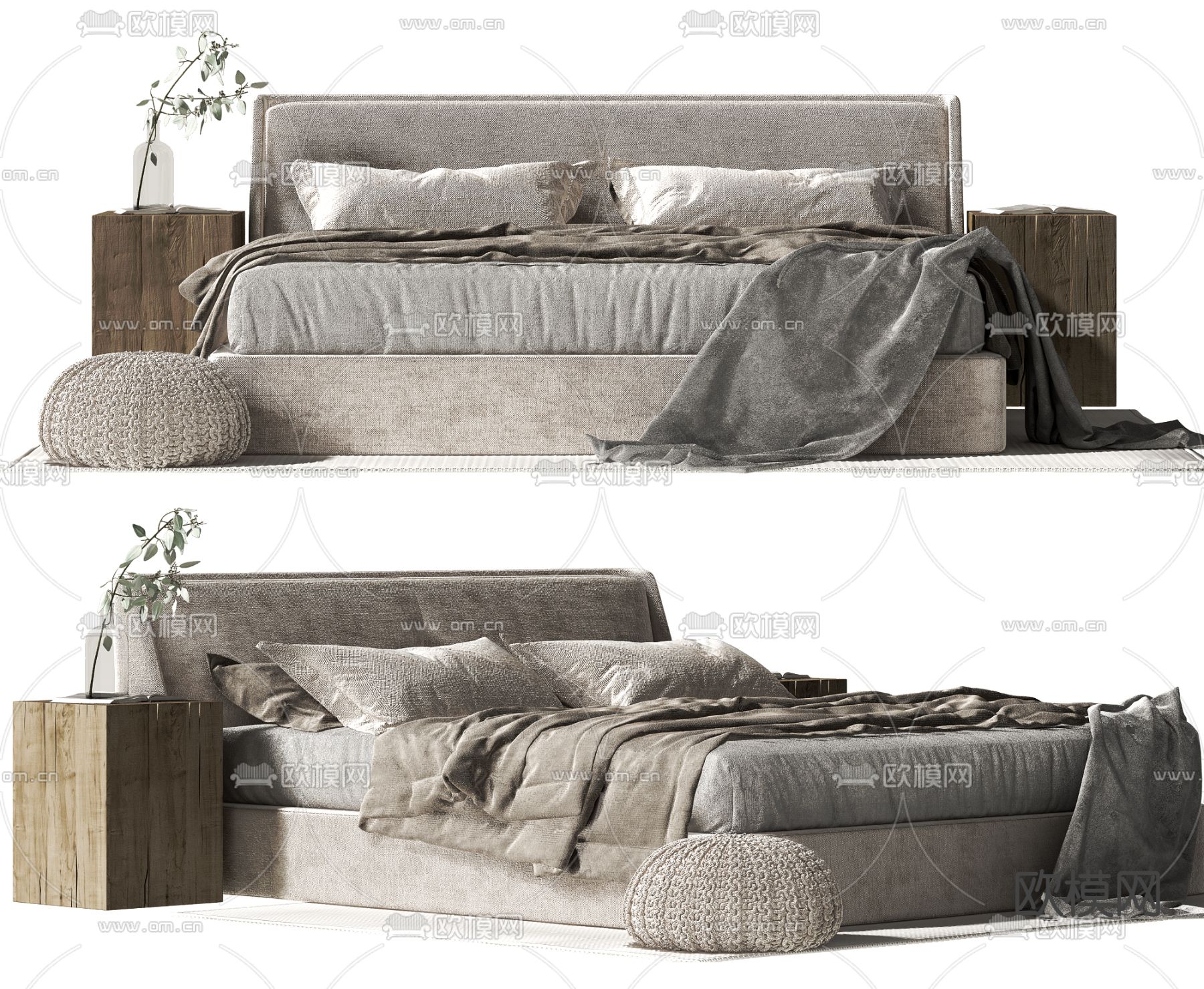 现代布艺双人床3d模型下载