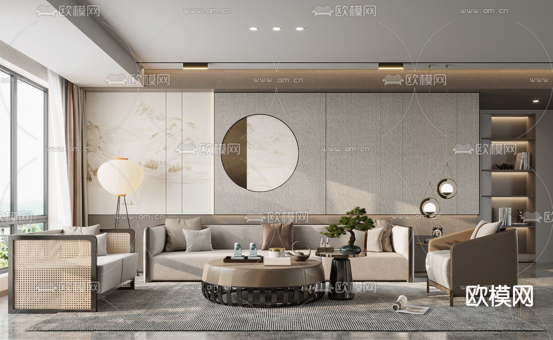 新中式布艺沙发组合3d模型下载