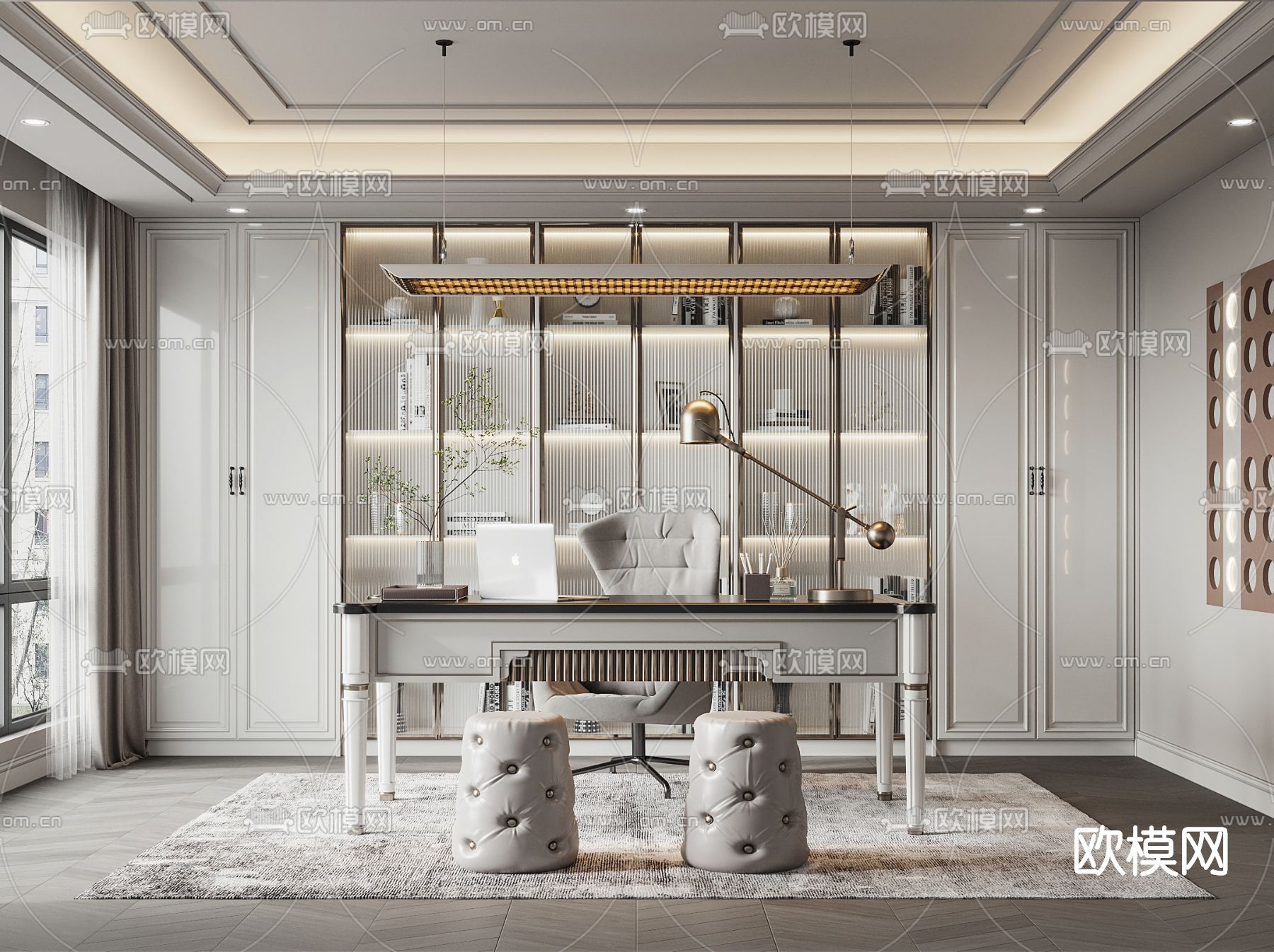 美式轻奢书房3d模型下载（渲染图1）