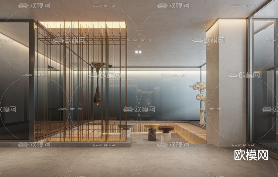 新中式办公休息区3d模型下载