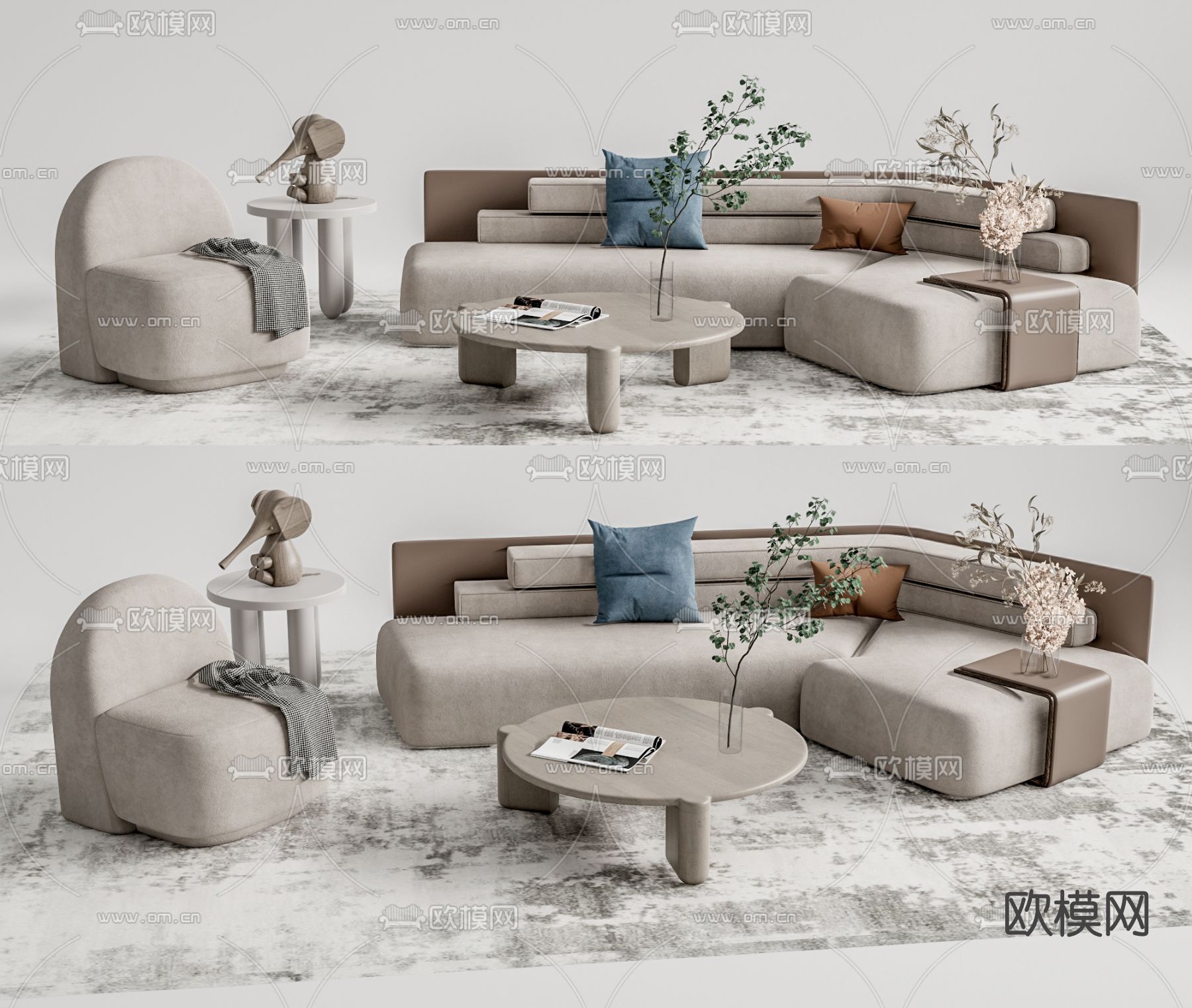 侘寂布艺沙发组合su模型下载（渲染图1）