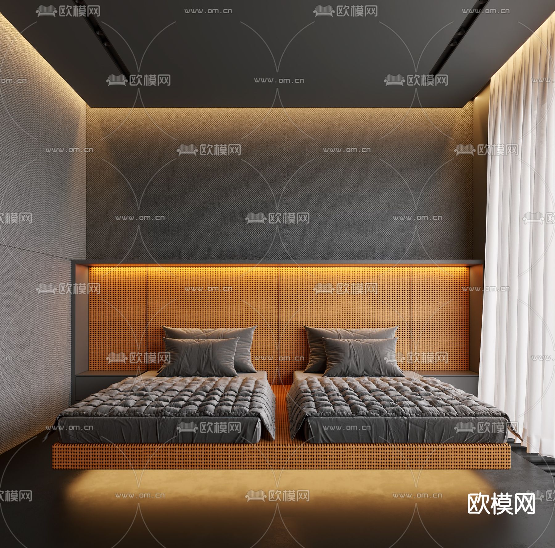 现代酒店双床客房3d模型下载（渲染图1）