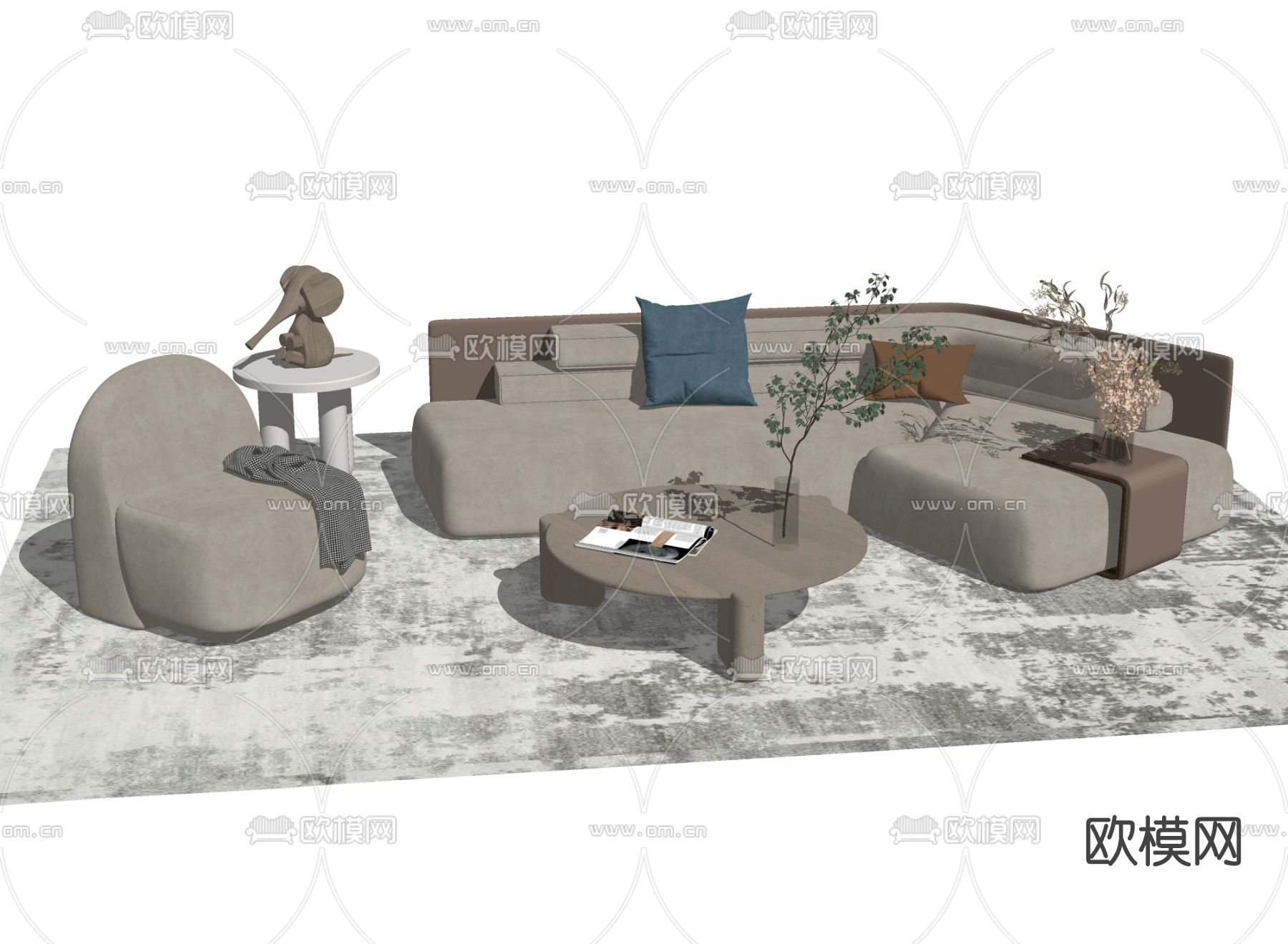 侘寂布艺沙发组合su模型下载（渲染图2）