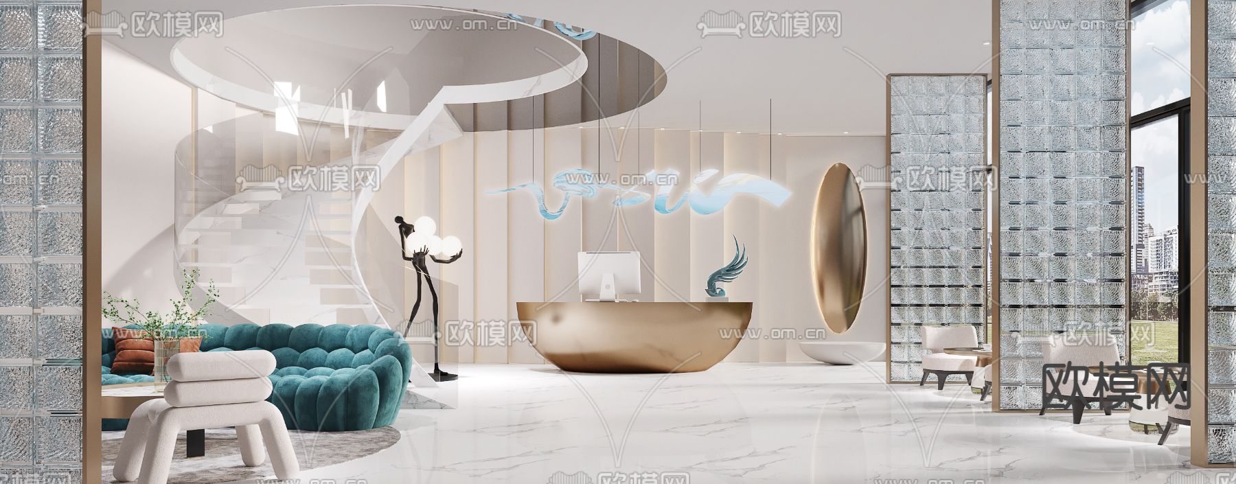 现代轻奢美容院前台大厅3d模型下载（渲染图3）