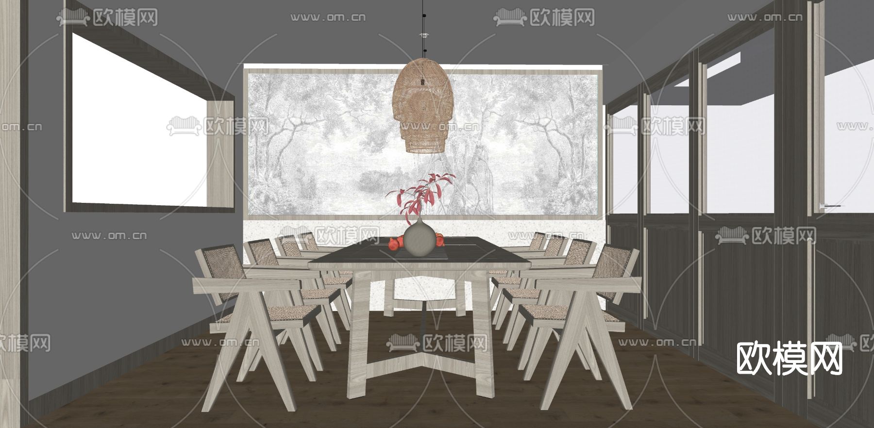 侘寂风实木餐桌椅su模型下载（渲染图2）