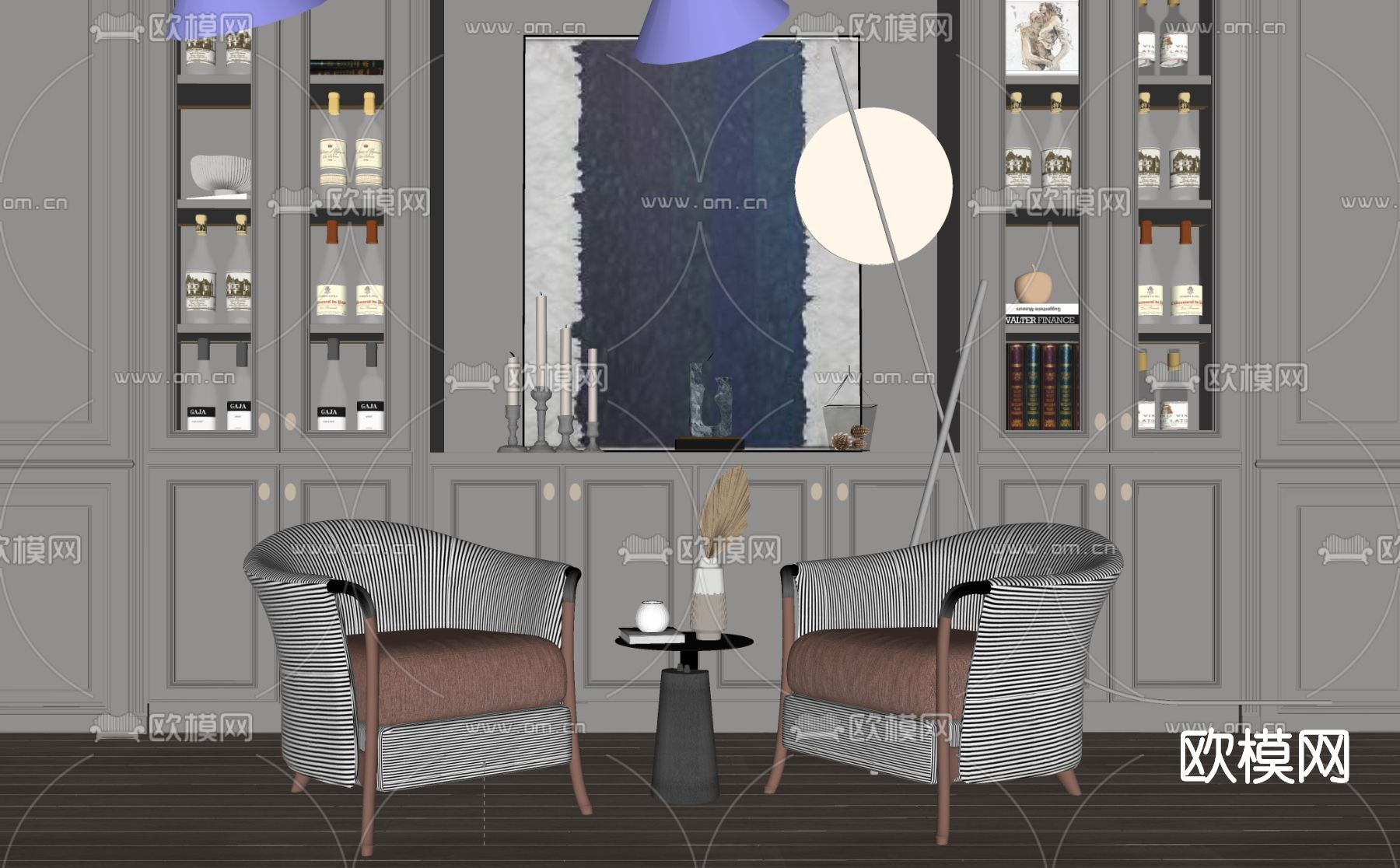 简欧布艺休闲沙发su模型下载（渲染图2）