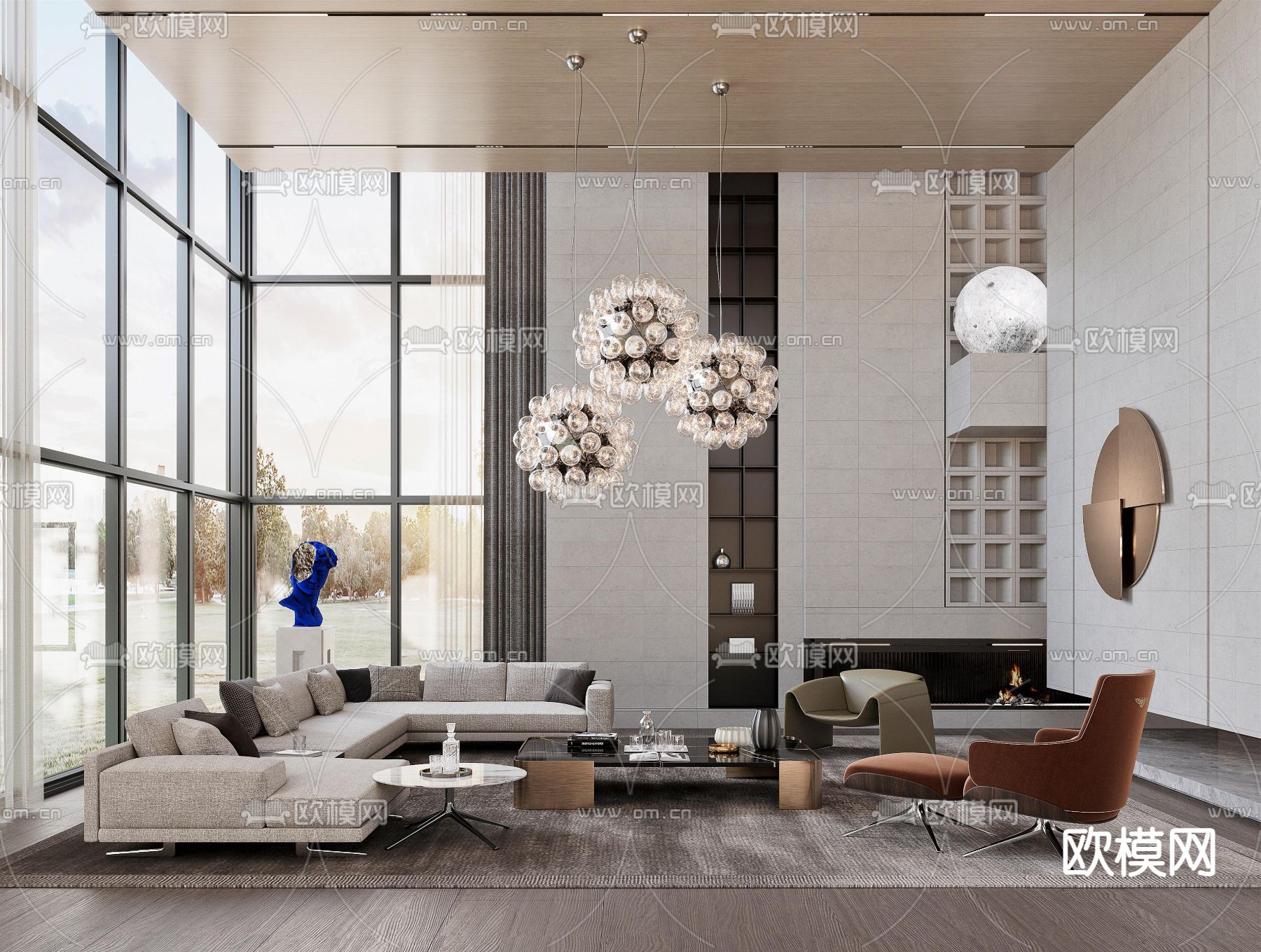 现代别墅客厅3d模型下载（渲染图1）