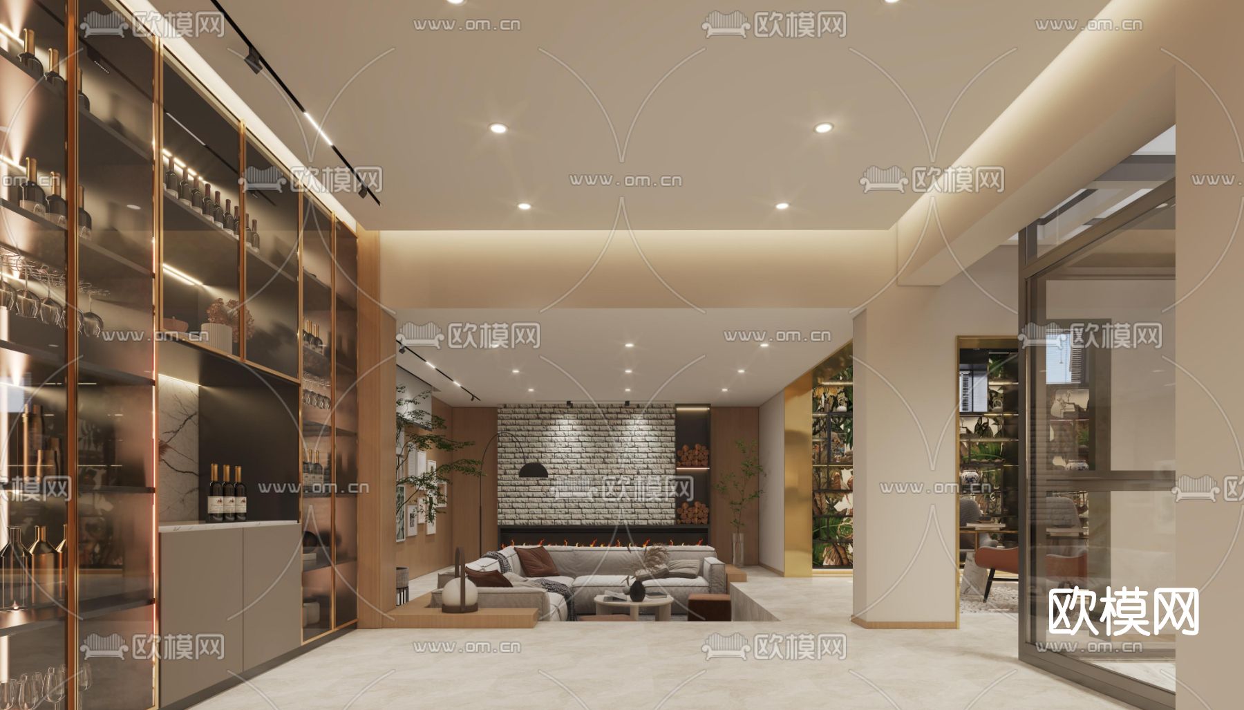 现代别墅地下室休闲区3d模型下载（渲染图1）