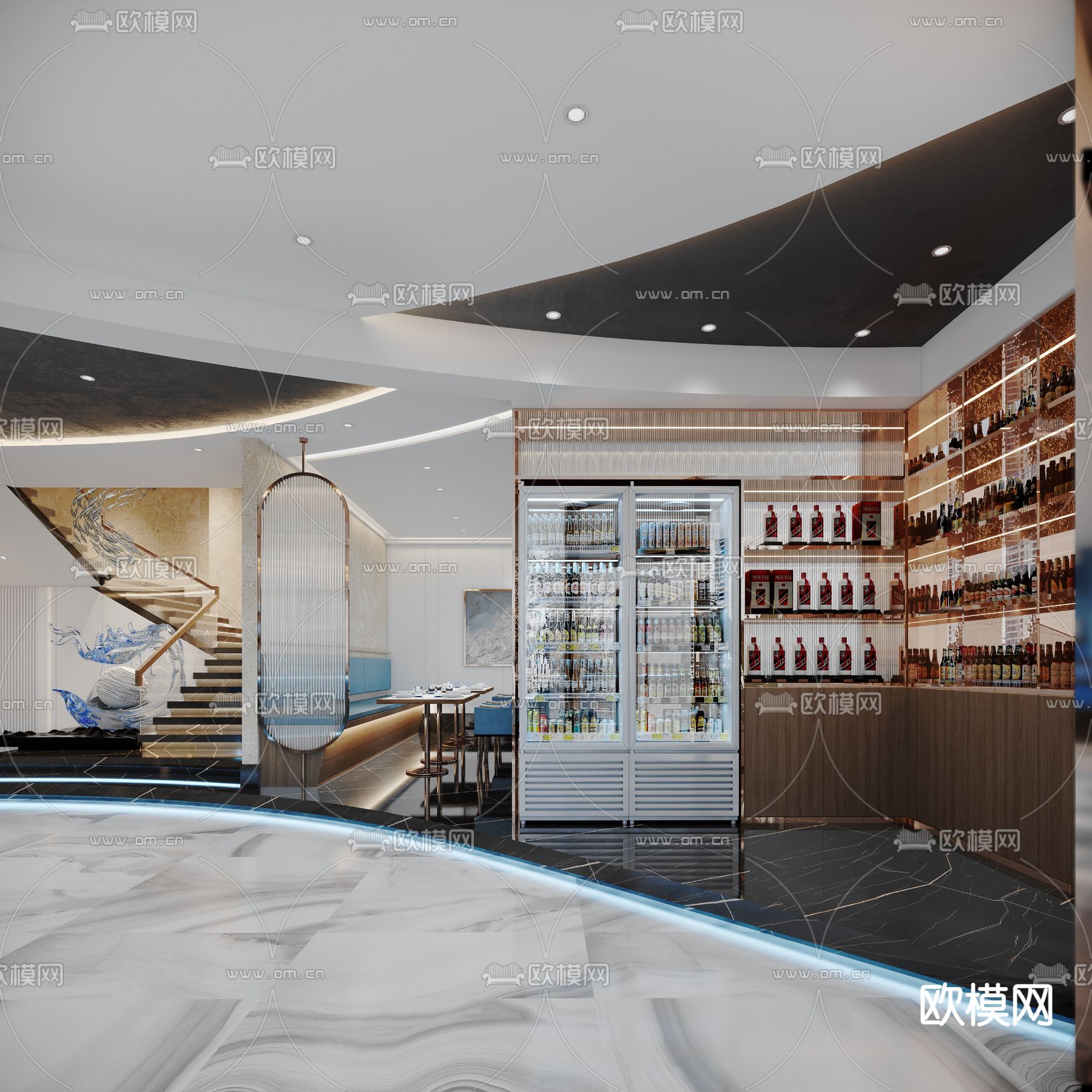现代轻奢海鲜餐厅3d模型下载（渲染图4）