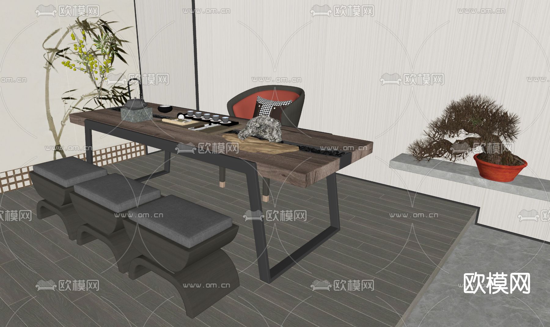 新中式实木茶桌椅su模型下载（渲染图2）