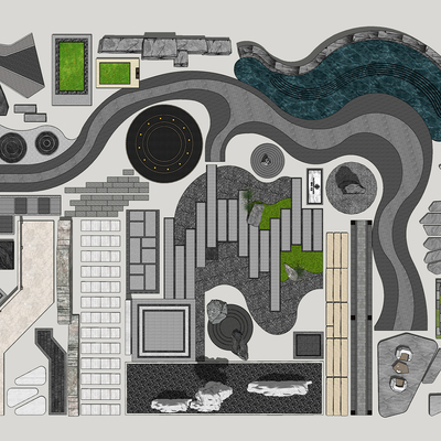  新中式园林铺装小品su模型 
