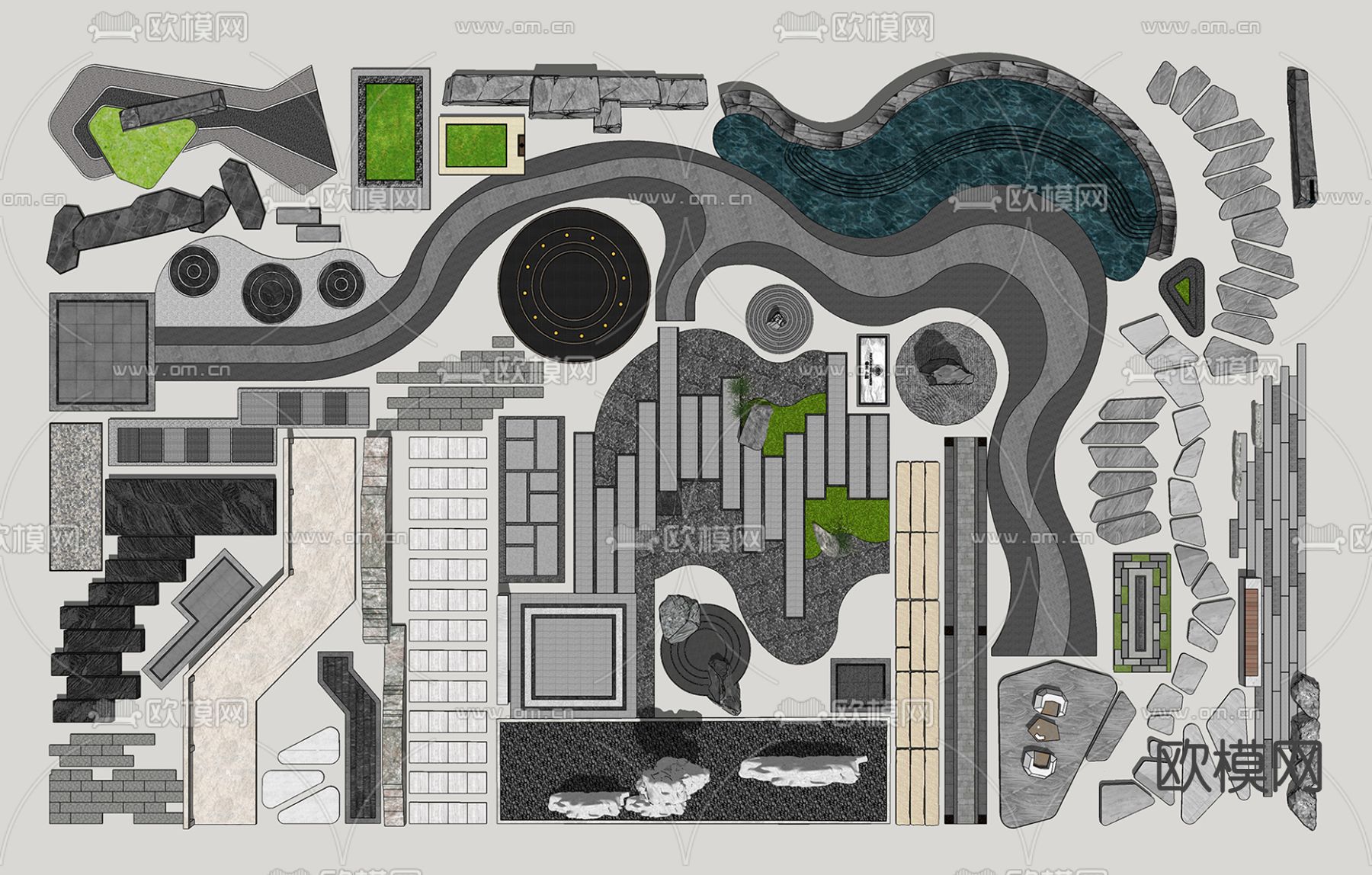 新中式园林铺装小品su模型