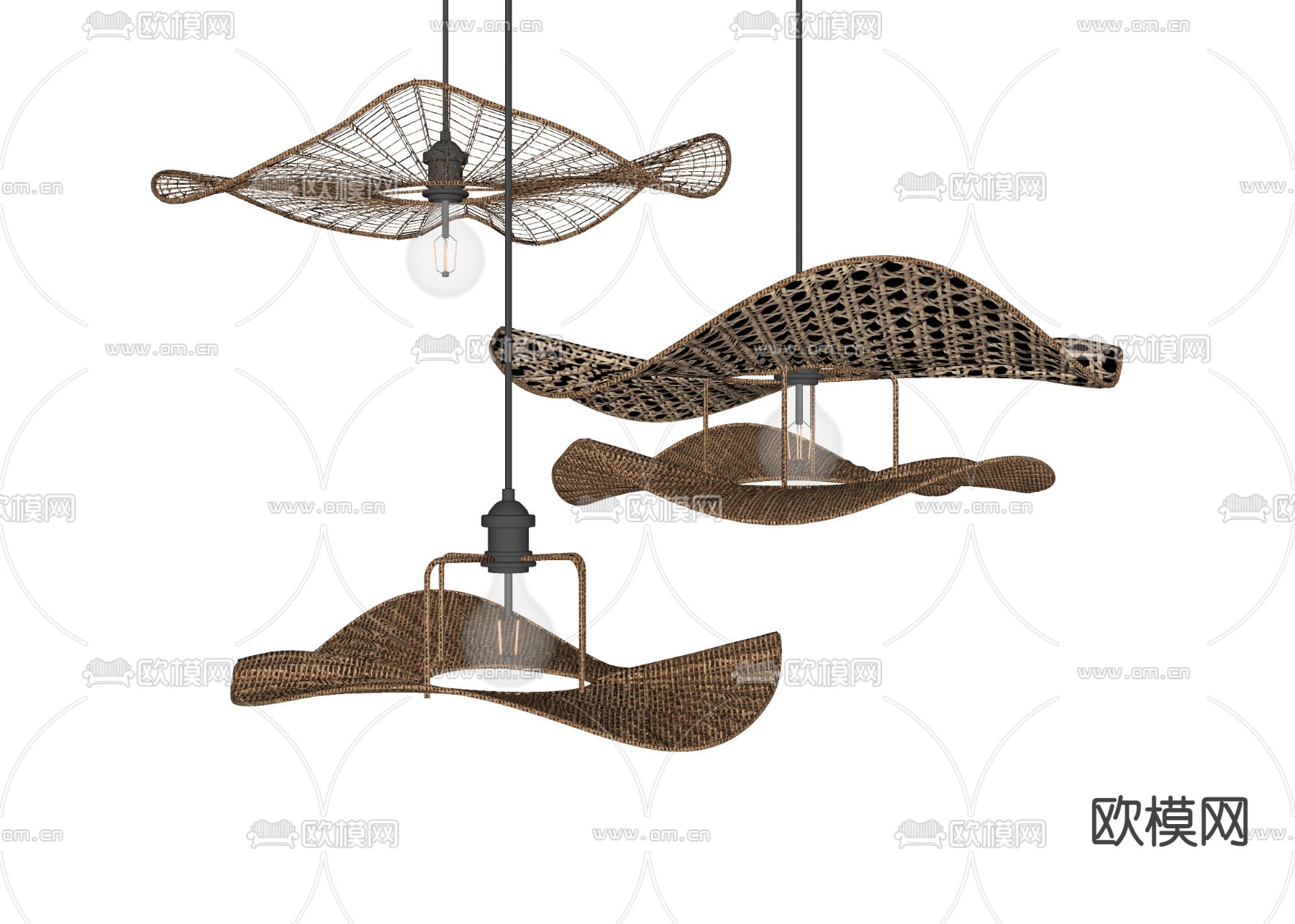 东南亚藤编草帽装饰吊灯su模型下载
