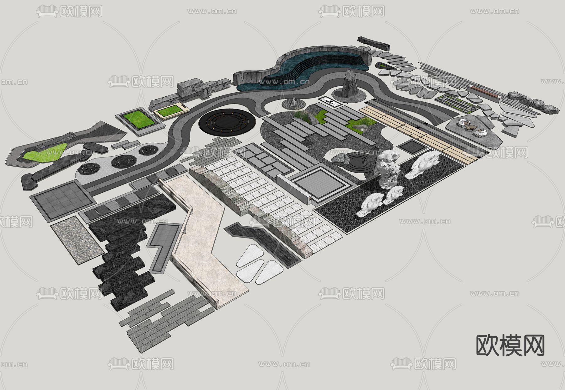 新中式园林铺装小品su模型