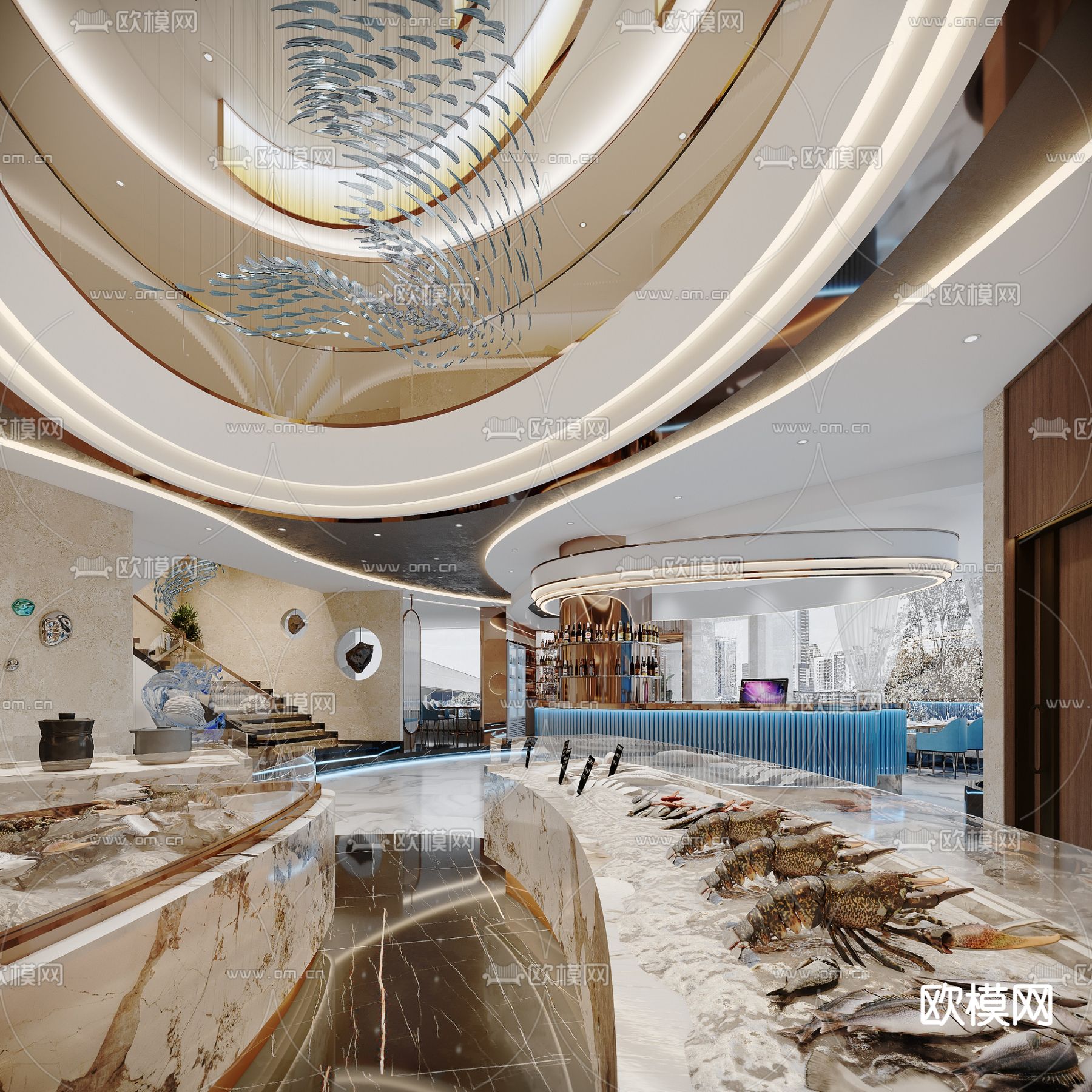 现代轻奢海鲜餐厅3d模型下载（渲染图1）