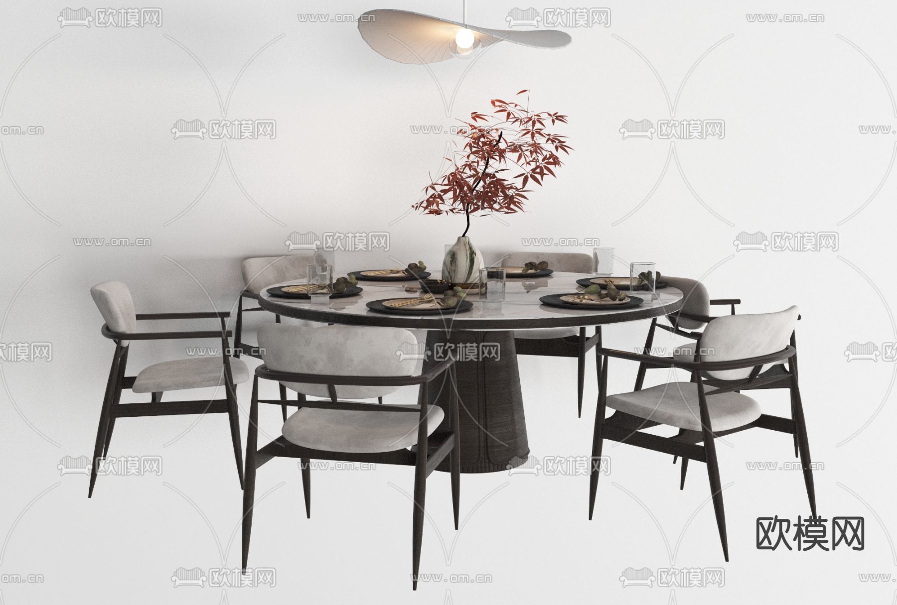 新中式实木圆形餐桌椅免费3d模型下载