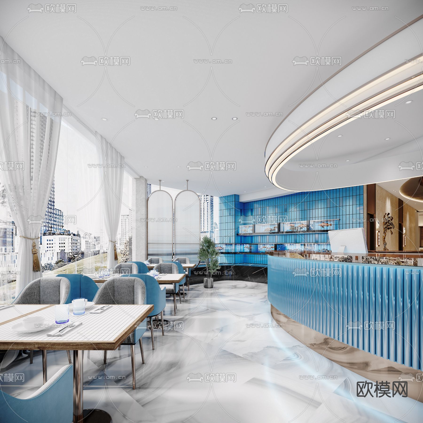 现代轻奢海鲜餐厅3d模型下载（渲染图3）