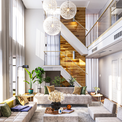  现代别墅大堂su模型 