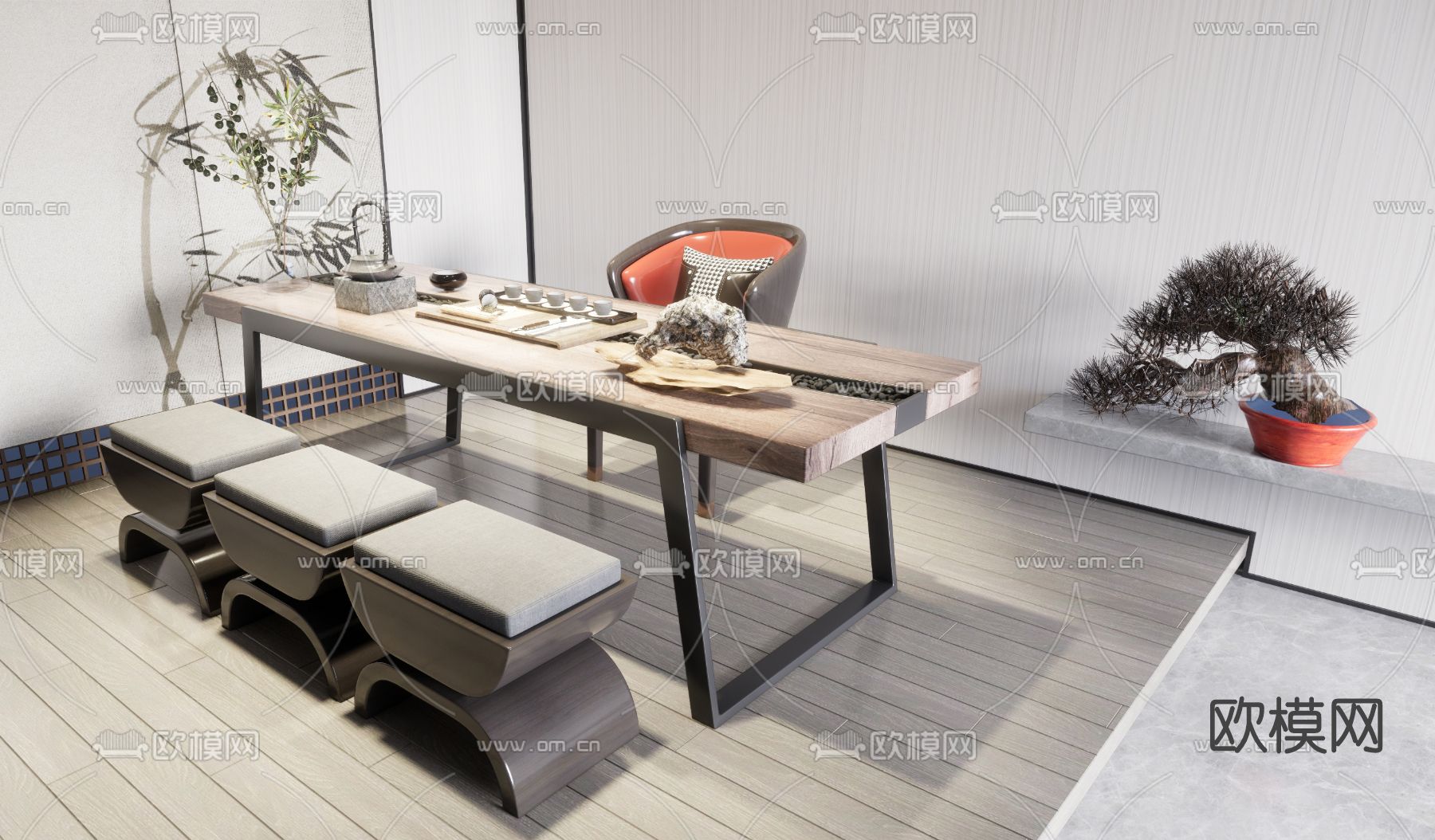 新中式实木茶桌椅su模型下载（渲染图1）