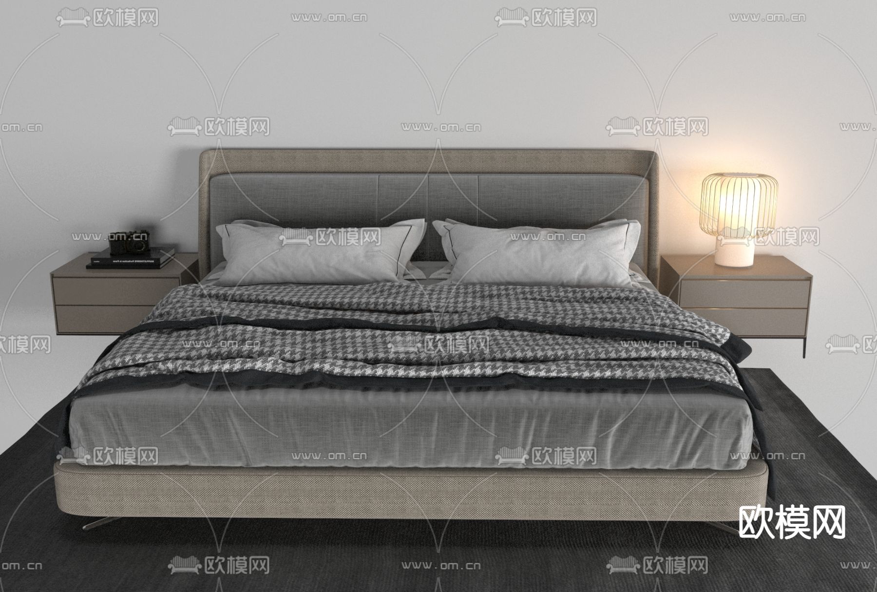 现代布艺双人床免费3d模型下载
