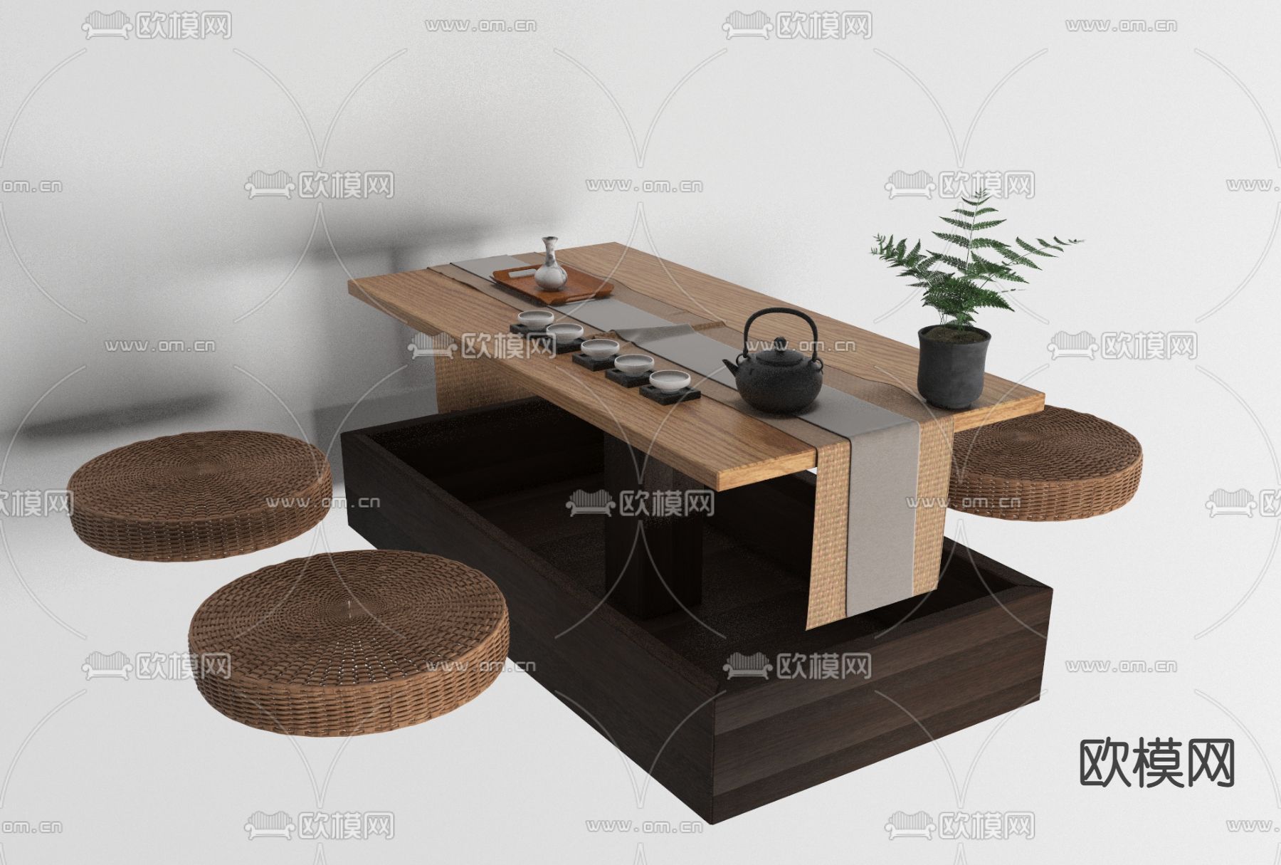 新中式实木茶桌椅免费3d模型下载