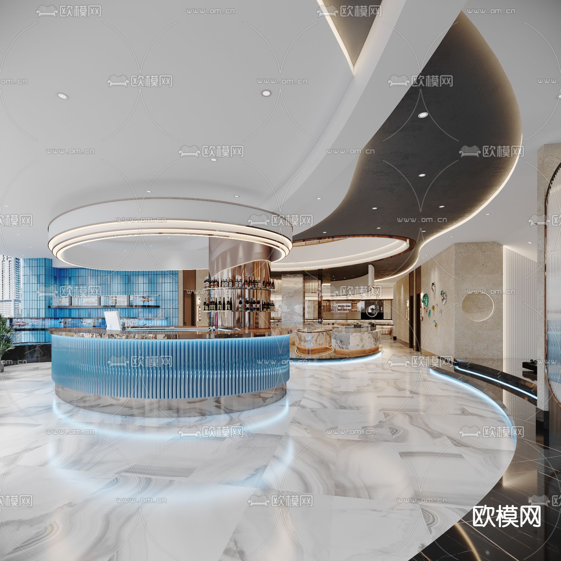 现代轻奢海鲜餐厅3d模型下载（渲染图2）