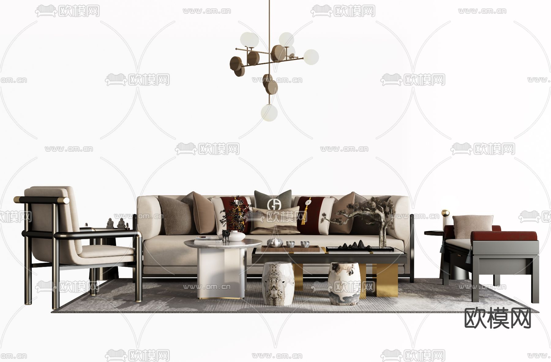 新中式布艺沙发组合3d模型下载