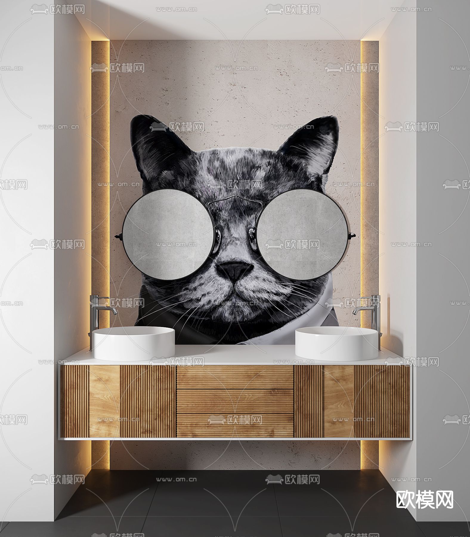 现代双盆洗手台3d模型下载（渲染图1）