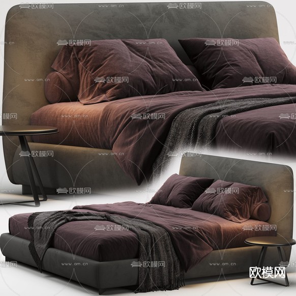 现代布艺双人床3d模型下载(渲染图1)