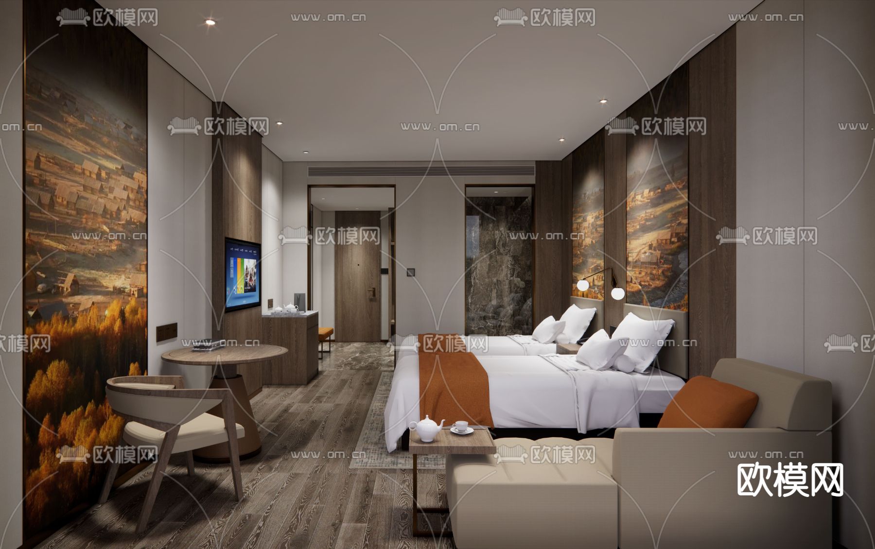 现代度假风酒店客房su模型下载（渲染图1）