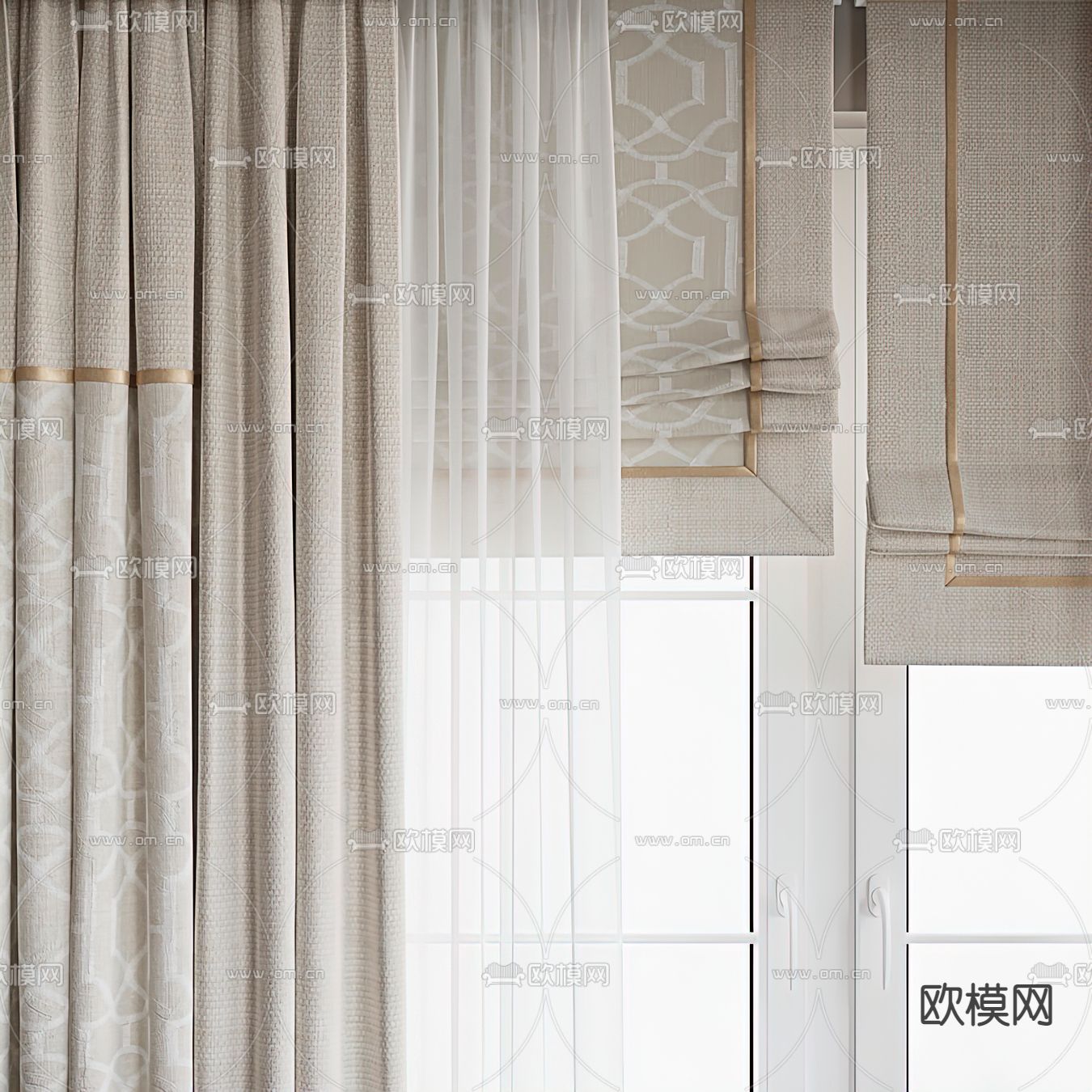 简欧布艺窗帘3d模型下载（渲染图3）