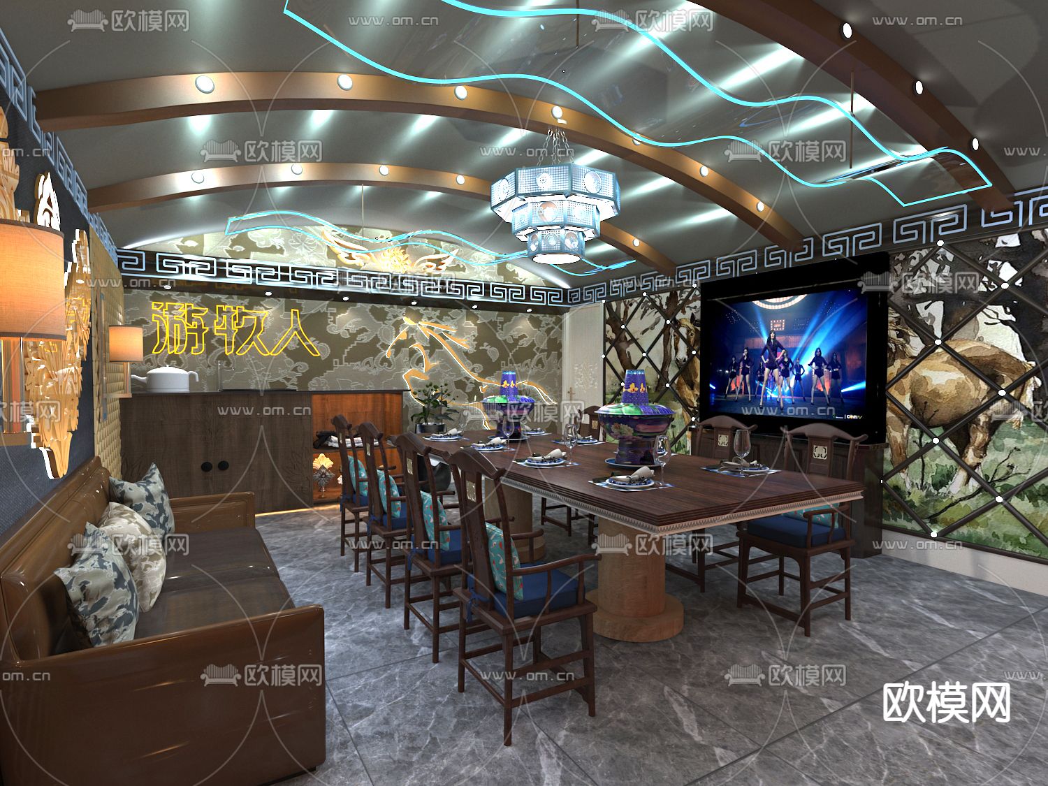 中式蒙古主题火锅店包房免费3d模型下载（渲染图1）