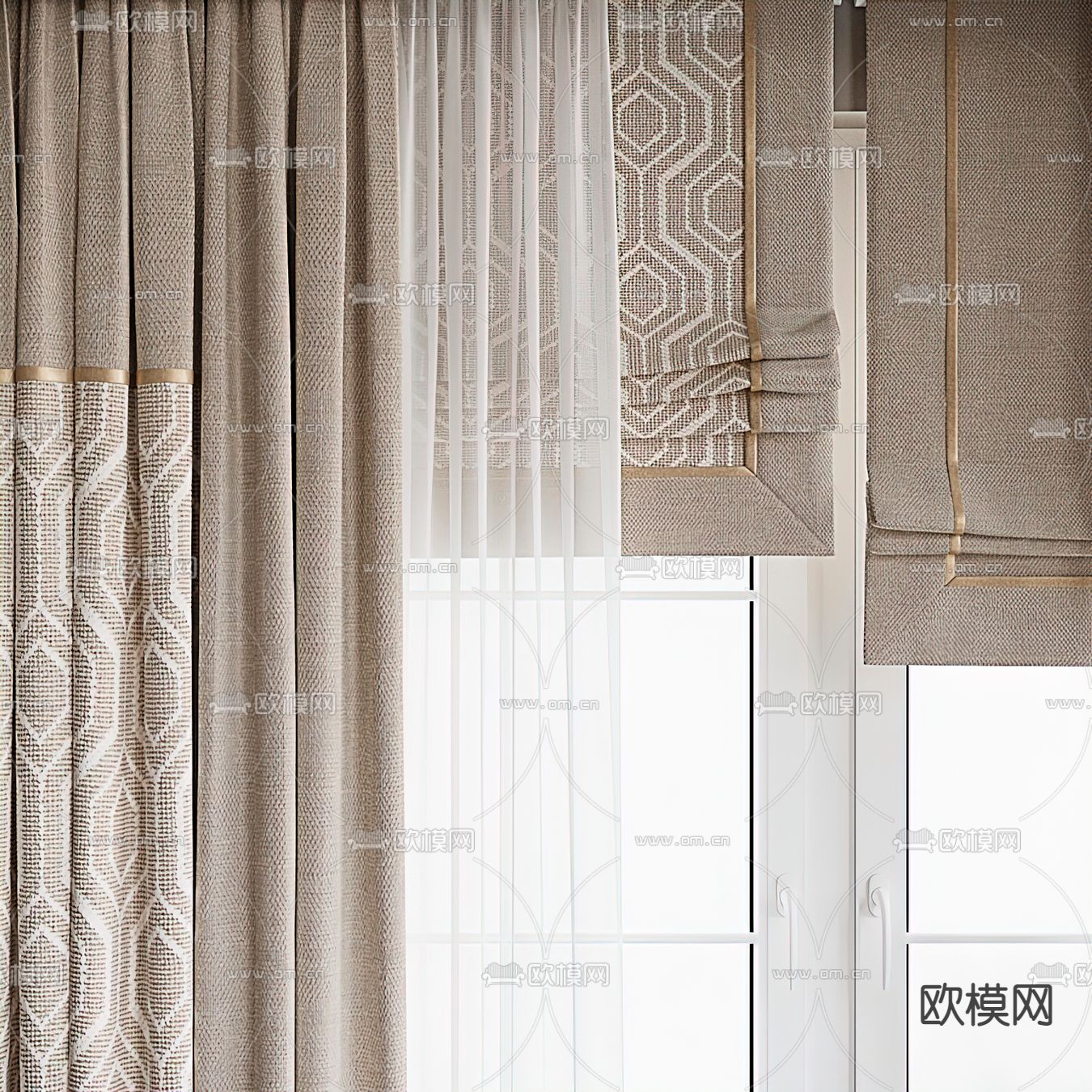 简欧布艺窗帘3d模型下载（渲染图4）