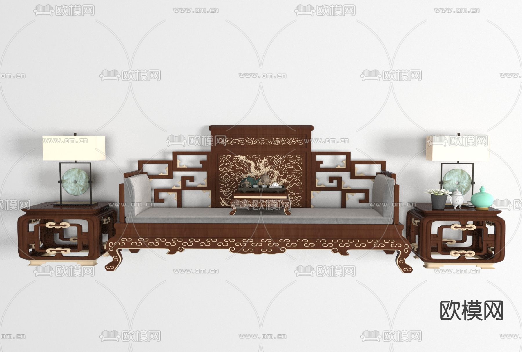 新中式实木双人沙发免费3d模型下载