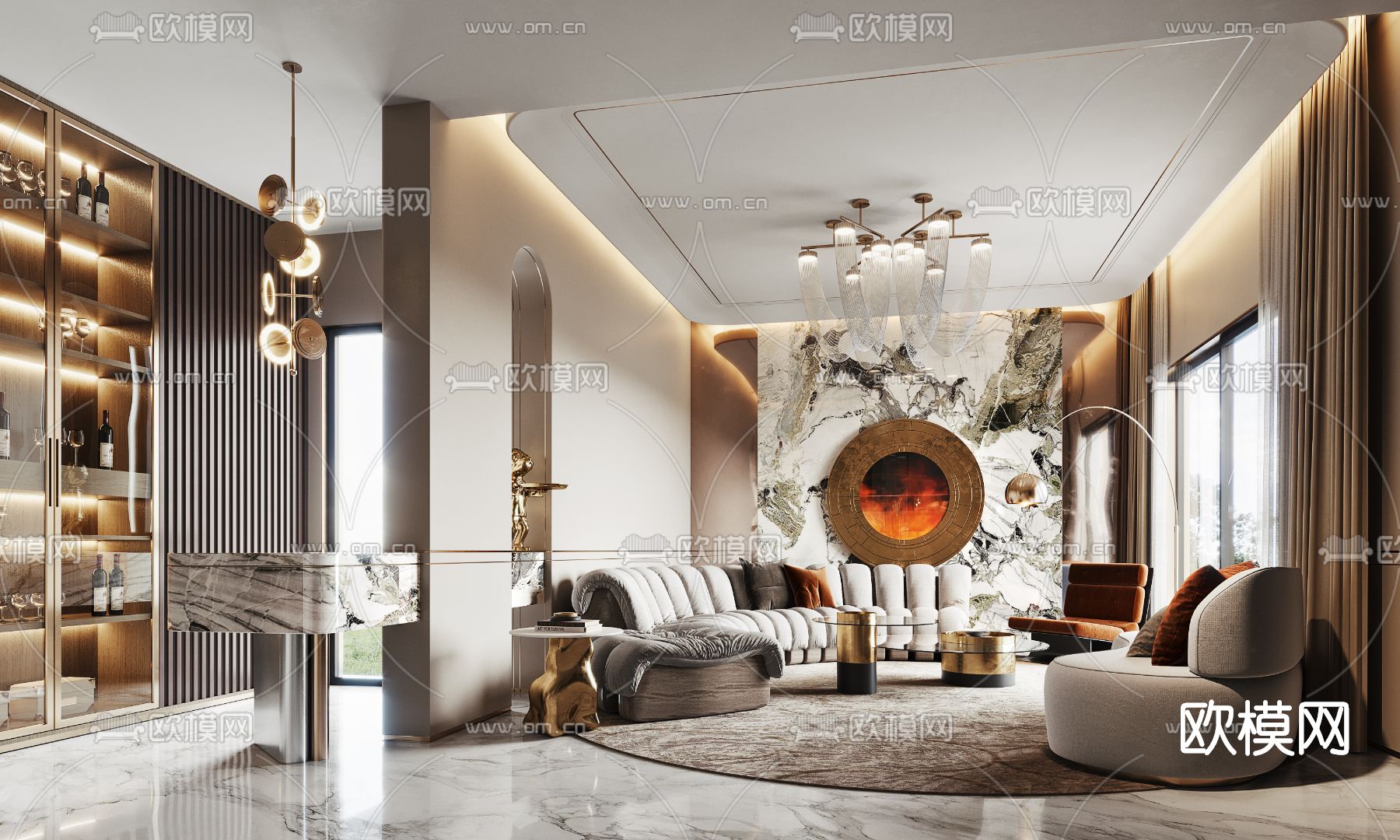 现代轻奢客厅3d模型下载（渲染图1）