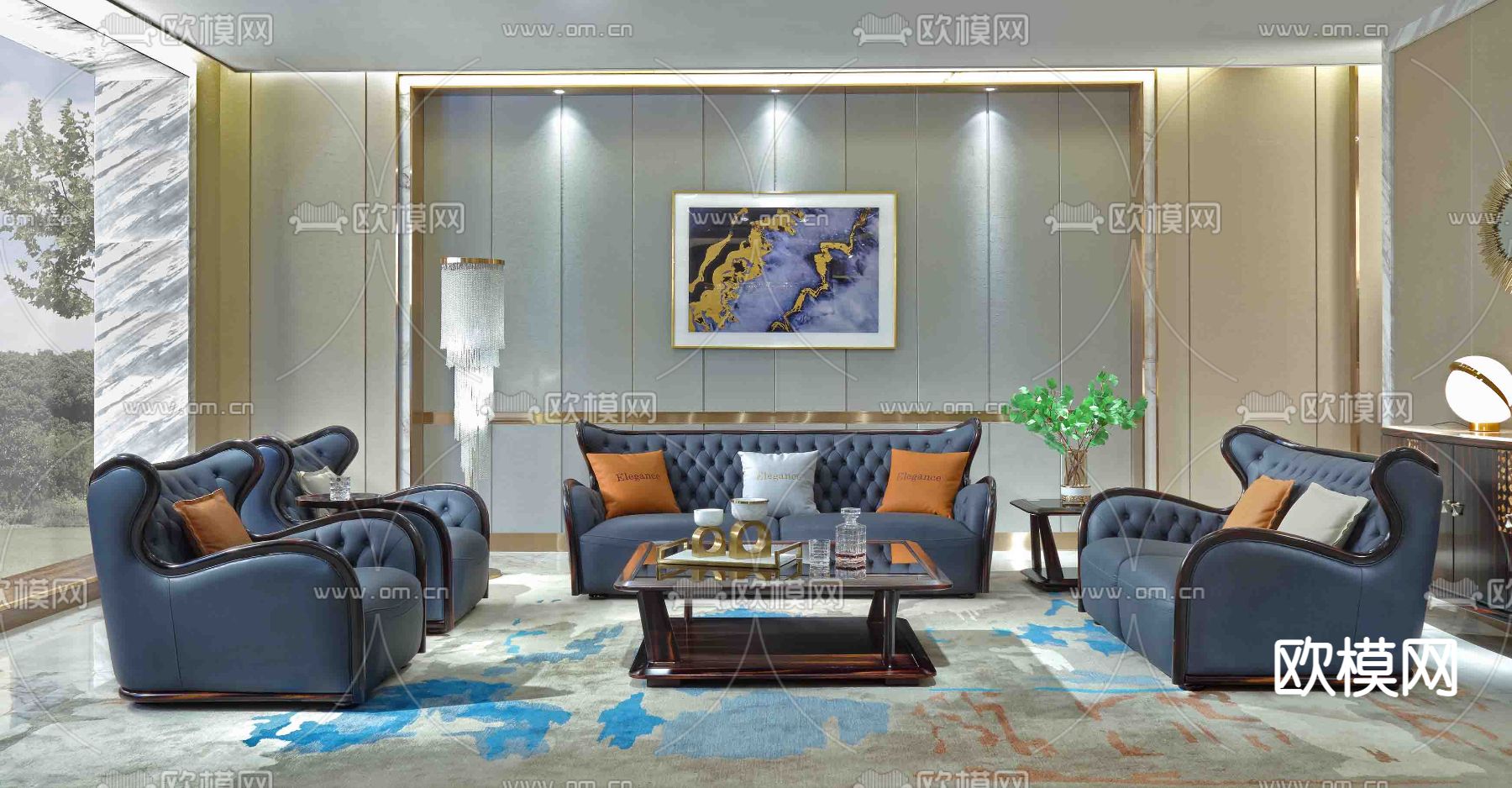 欧式轻奢皮革沙发组合免费3d模型下载（渲染图1）