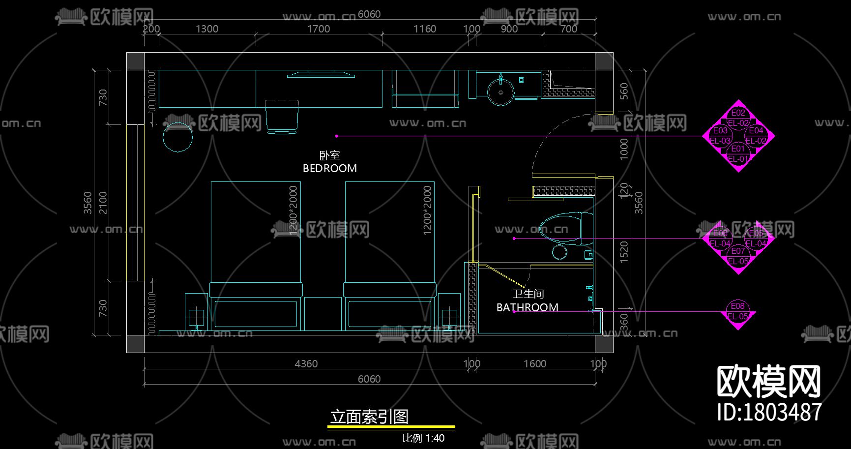 现代酒店客房cad施工图下载（渲染图1）