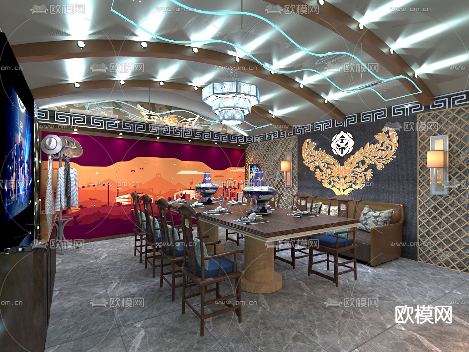中式蒙古主题火锅店包房免费3d模型下载（渲染图2）