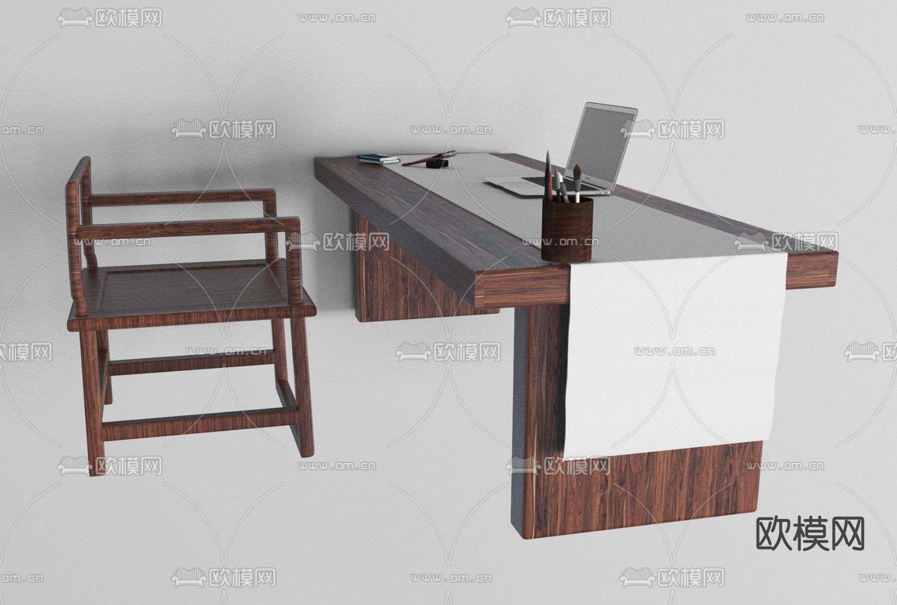 新中式实木书桌椅免费3d模型下载