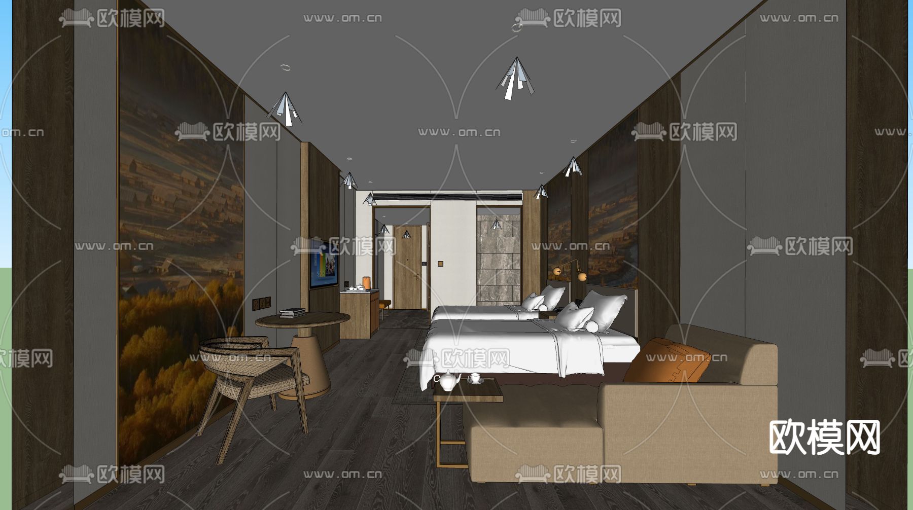 现代度假风酒店客房su模型下载（渲染图3）