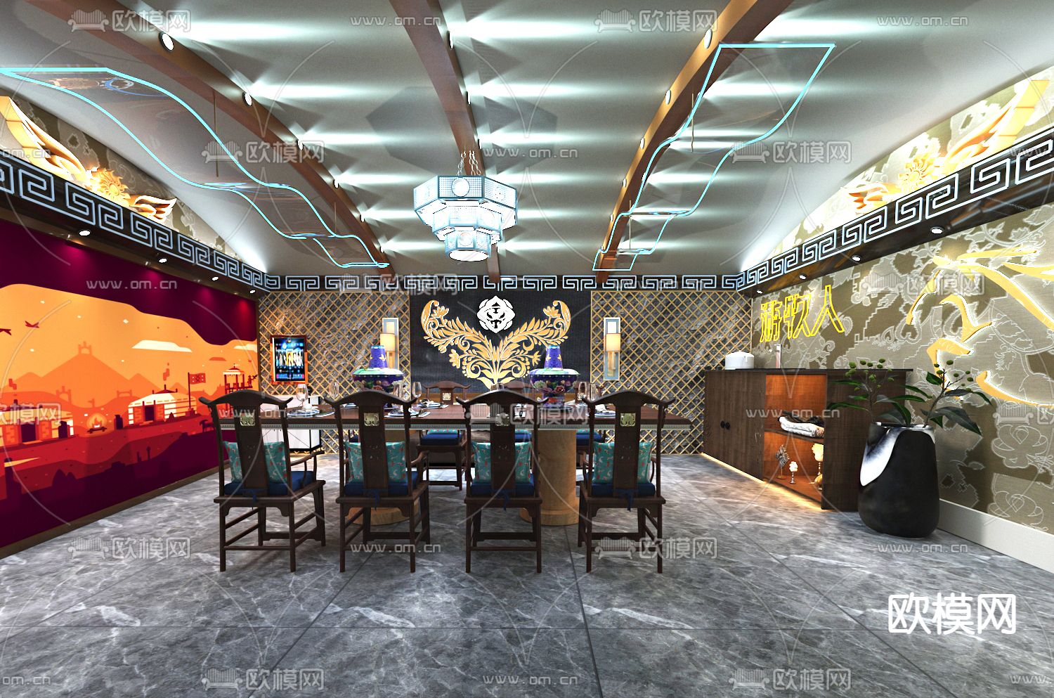 中式蒙古主题火锅店包房免费3d模型下载（渲染图3）